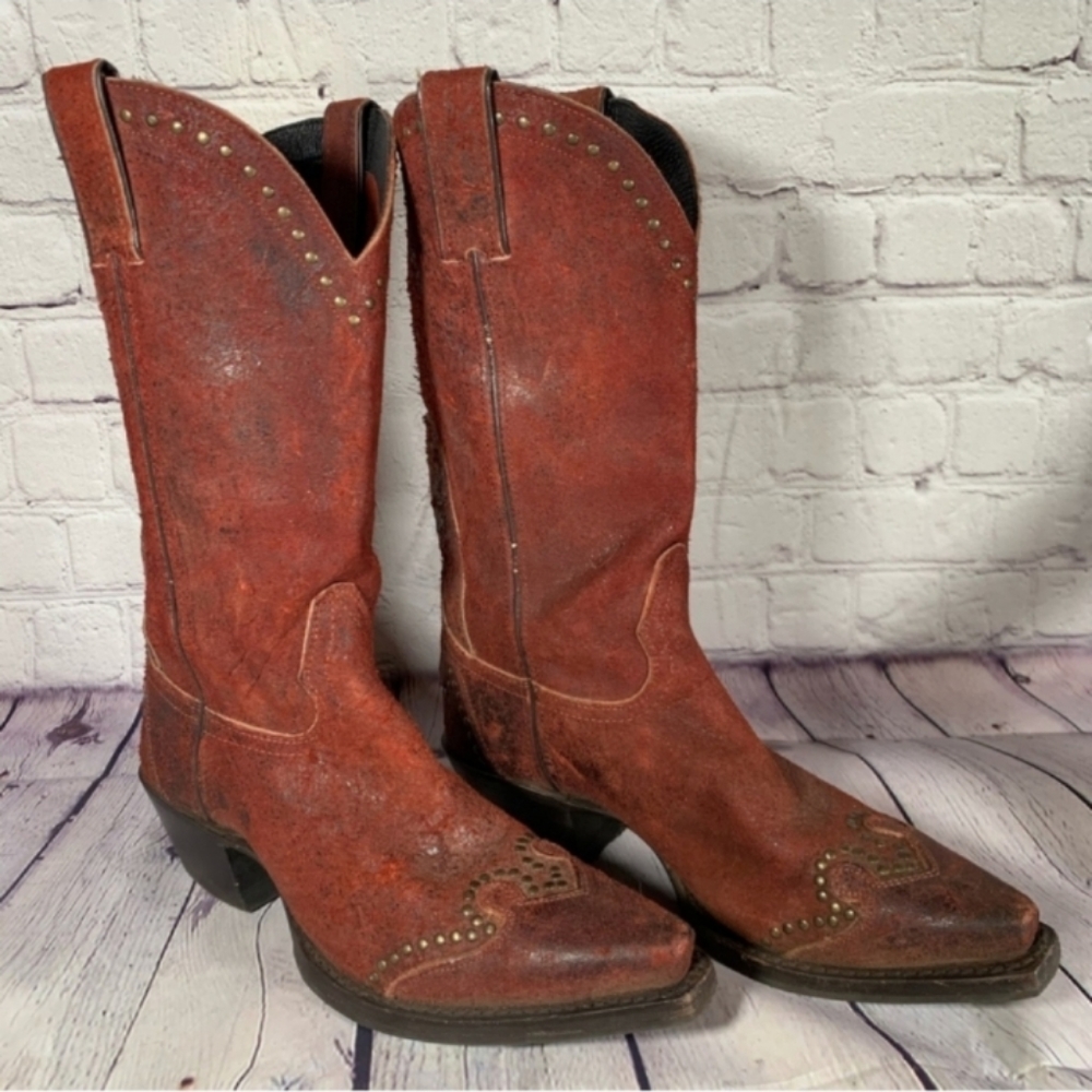 Women's 8.5B Sonora Suede Leather Red/Brown Leather Cowboy Boots SN 1048 21652